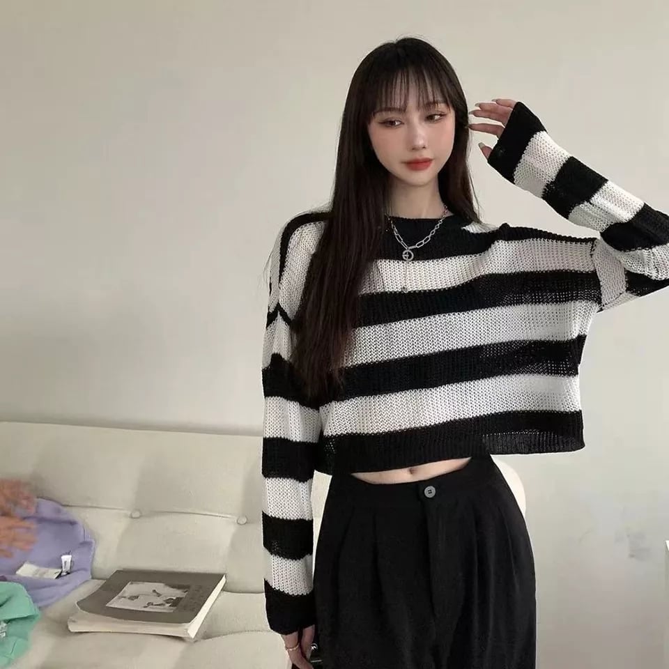 Black & Grey Striped Cropped Long Sleeve Sweater