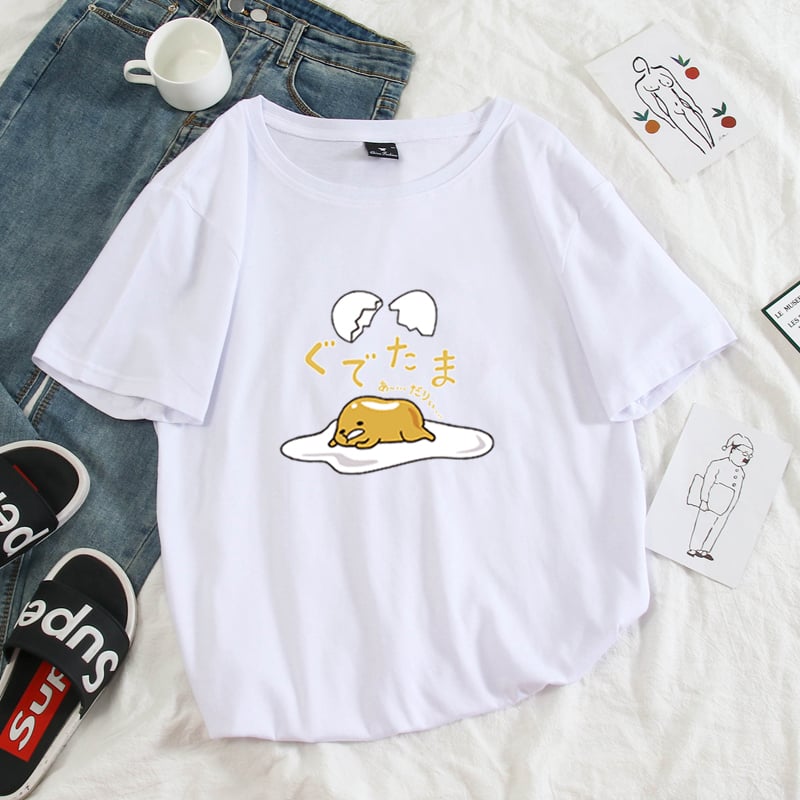 Funny Lazy Egg Cartoon Anime Print Casual Summer Loose Short Sleeve Tee Shirt T-shirt Top E-Girl Kawaii Korean Japanese Harajuku Streetwear