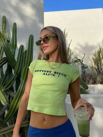 Green Hottest B Alive Letter Print Short Sleeve Shirt Crop Top Summer Aesthetic Casual E-Girl Kawaii Korean Japanese Harajuku