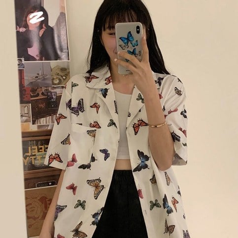 Cute Vintage White Butterfly Print Button Up Pocket Blouse Short Sleeve Shirt Top Loose Aesthetic E-Girl Kawaii Korean Japanese Harajuku Streetwear