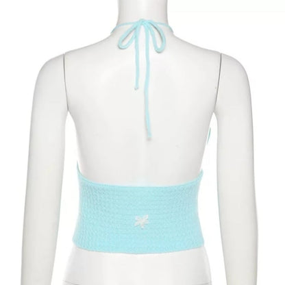 Cute Sexy Blue Crochet Knit Floral Backless Crop Top Tank Camisole Halter Beach Party Summer Aesthetic Casual E-Girl Kawaii Korean Japanese Harajuku