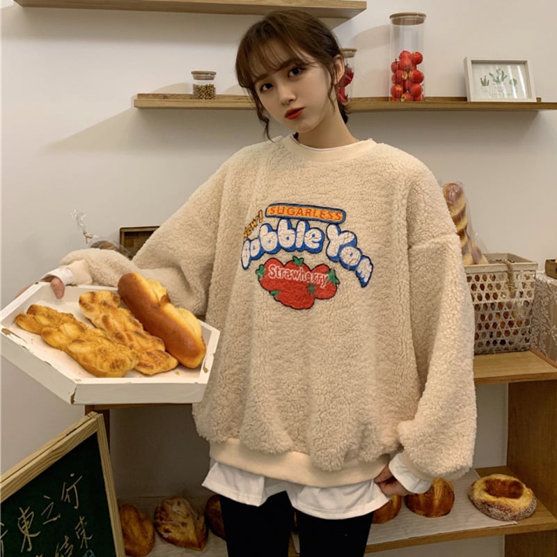 Strawberry Bubblegum Print Warm Fuzzy Fleece Hoodie Sweatshirt Sweater Long Sleeve Pullover E-Girl Kawaii Korean Japanese Harajuku Streetwear