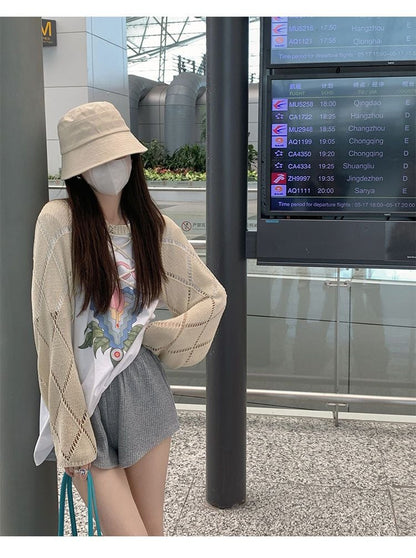 Blue Hollow Out Cropped Cardigan