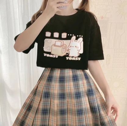 Cute Bunny And Toast Bread Graphic Cartoon Print Loose Short Sleeve T-shirt Aesthetic Casual Summer E-Girl Kawaii Korean Japanese Harajuku