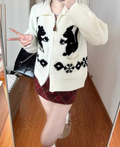 Squirrel Graphic Zipper Sweater