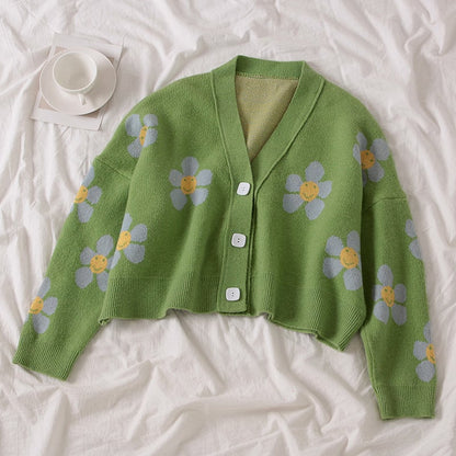 Cute Vintage Flower V Neck Long Sleeve Knit Cardigan Sweater Sweatshirt Pullover Jumper E-Girl Kawaii Korean Japanese Harajuku Streetwear