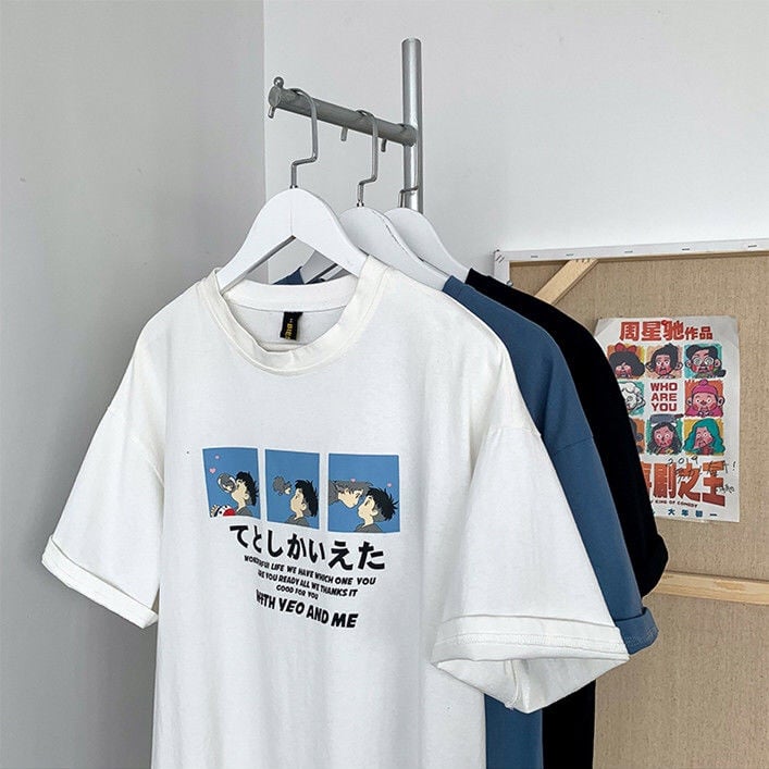 Cute Anime Boy Print Cartoon Oversized Loose Short Sleeve Shirt T-shirt Top Tee Summer Casual E-Girl Kawaii Korean Japanese Harajuku Streetwear
