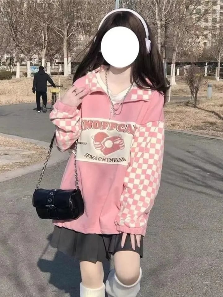 Pink Plaid Checkboard Zip Up Oversized Sweatshirt