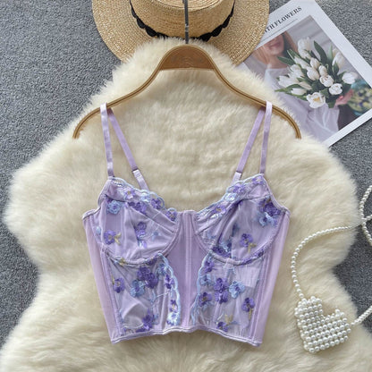 Purple Flower Embroidery Corset Top