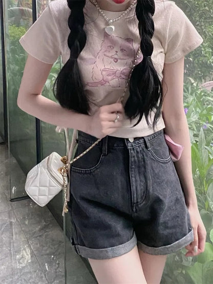 Cat Print Ribbed Short Sleeve T-shirt