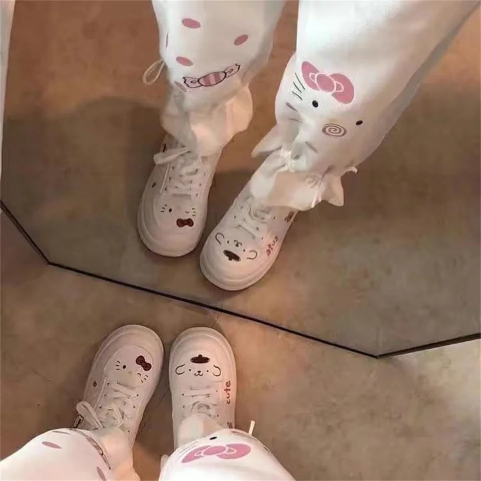 Cute White Kitty Cat Cartoon Print High Waisted Straight Pants Trousers Aesthetic Casual Summer E-Girl Kawaii Korean Japanese Harajuku