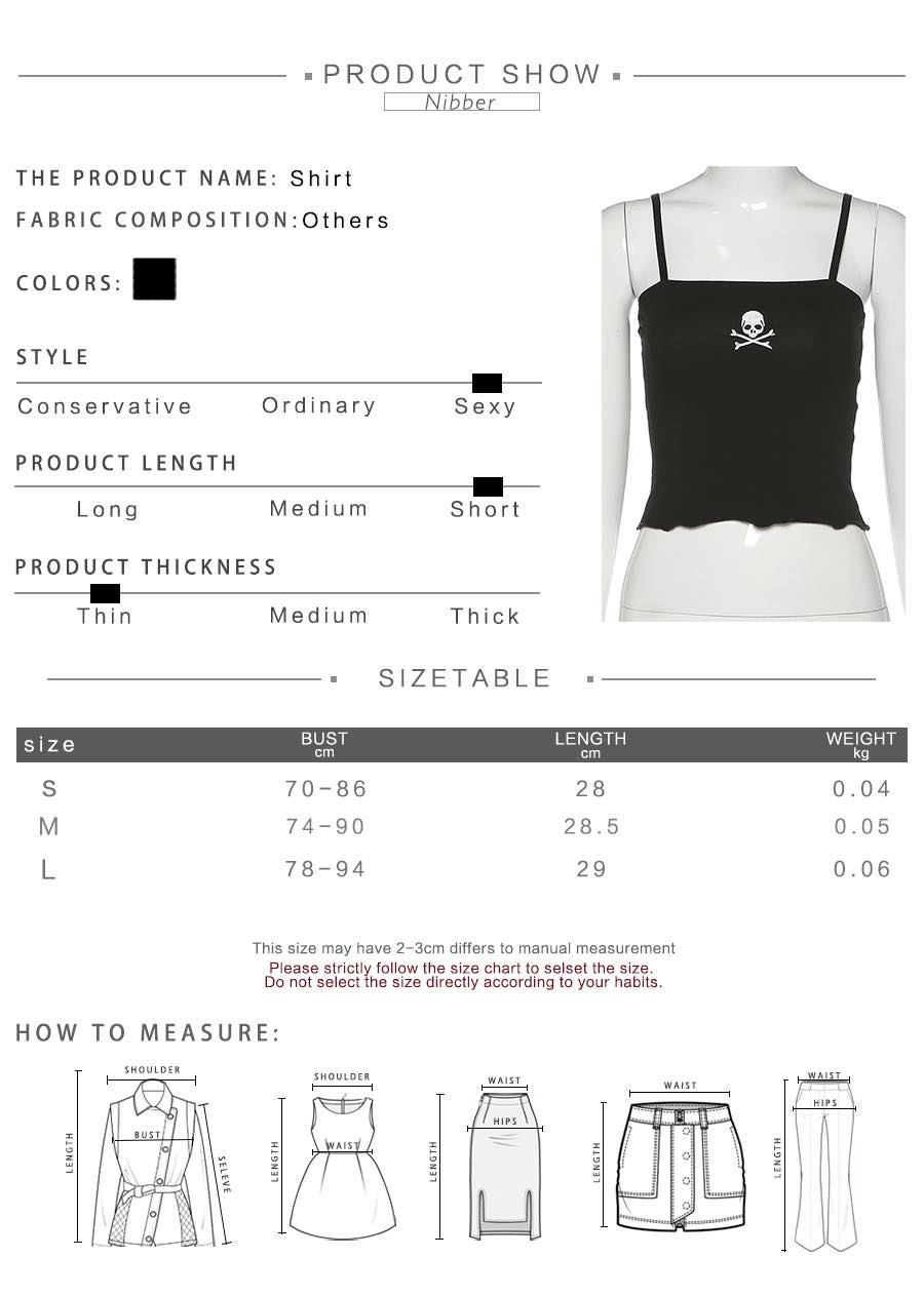 Cute Sexy Black Skull Embroidery Sleeveless Shirt Crop Top Tank Camisole Spaghetti Goth Punk Casual E-Girl Kawaii Korean Japanese Harajuku Streetwear