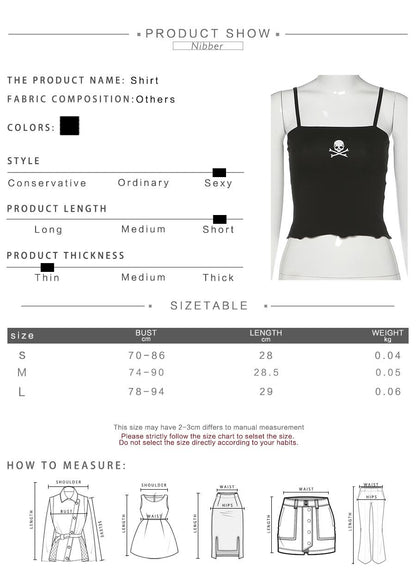 Cute Sexy Black Skull Embroidery Sleeveless Shirt Crop Top Tank Camisole Spaghetti Goth Punk Casual E-Girl Kawaii Korean Japanese Harajuku Streetwear