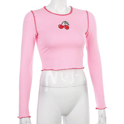 Cute Pink Cherry Fruit Embroidery Crop Top Long Sleeve Shirt T-shirt Causal Tee Summer E-Girl Kawaii Korean Japanese Harajuku Streetwear