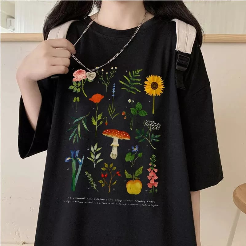 Cute Herbology Plant Mushroom Cartoon Print Loose Oversize Short Sleeve T-shirt Punk Aesthetic Casual Summer E-Girl Kawaii Korean Japanese Harajuku