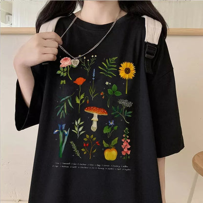 Cute Herbology Plant Mushroom Cartoon Print Loose Oversize Short Sleeve T-shirt Punk Aesthetic Casual Summer E-Girl Kawaii Korean Japanese Harajuku
