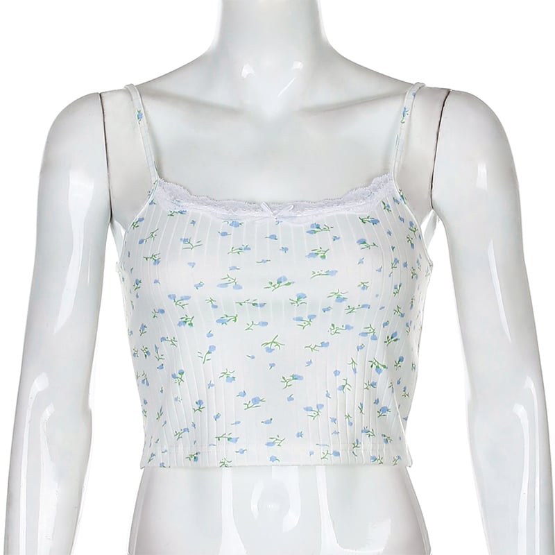 Cute Floral Print Lace Spaghetti Strap Camisole Crop Top Shirt Tee T-shirt E-Girl Kawaii Korean Japanese Harajuku Chinese Retro Streetwear Aesthetic