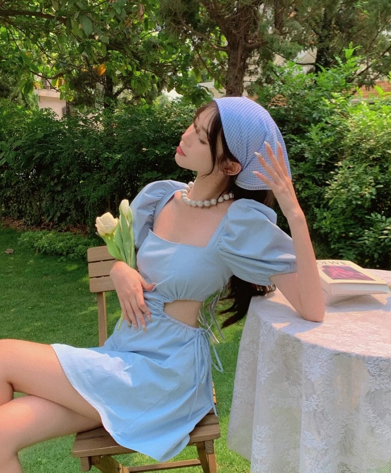 Cute Blue French Square Neck Puff Sleeve Backless Bandage Mini Dress Summer Aesthetic Casual E-Girl Kawaii Korean Japanese Harajuku