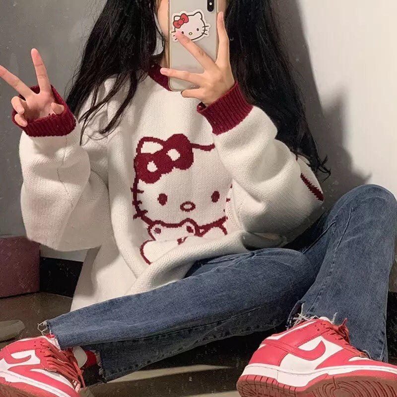 Kitty Cat Cartoon Long Sleeve Shirt Knit Sweater Sweatshirt Pullover Aesthetic Casual E-Girl Kawaii Korean Japanese Harajuku