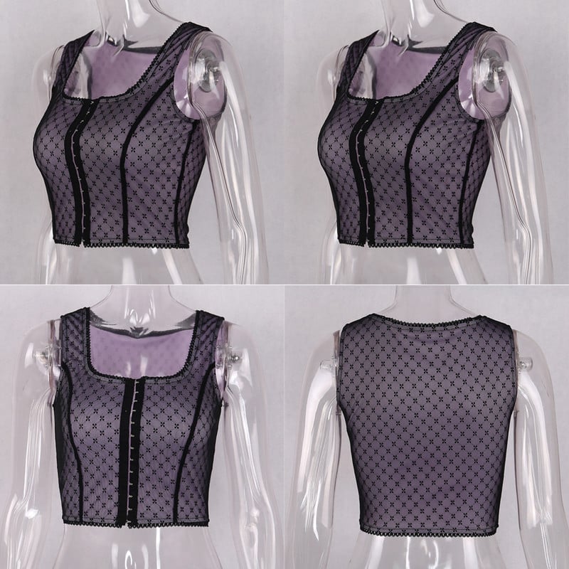 Sexy Lace Net Crop Top Tank Camisole Sleeveless Shirt Summer Causal E-Girl Kawaii Korean Japanese Harajuku Streetwear