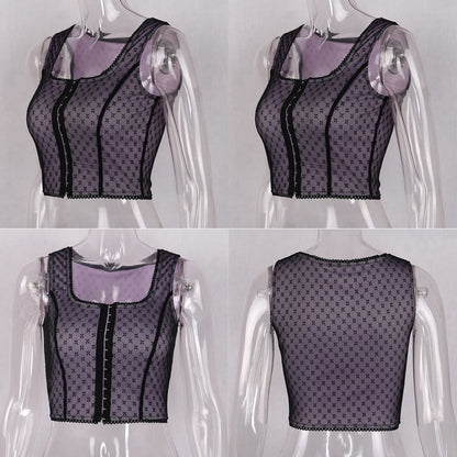 Sexy Lace Net Crop Top Tank Camisole Sleeveless Shirt Summer Causal E-Girl Kawaii Korean Japanese Harajuku Streetwear