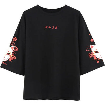 Fox Anime Cartoon Print Vintage Black T-shirt Short Sleeve Tee Shirt Causal Summer Top E-Girl Kawaii Korean Japanese Harajuku Streetwear
