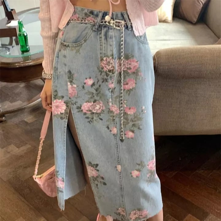 Cute Vintage Flowers Print Maxi Denim Skirt High Waist Open Split Straight Summer Aesthetic Casual E-Girl Kawaii Korean Japanese Harajuku