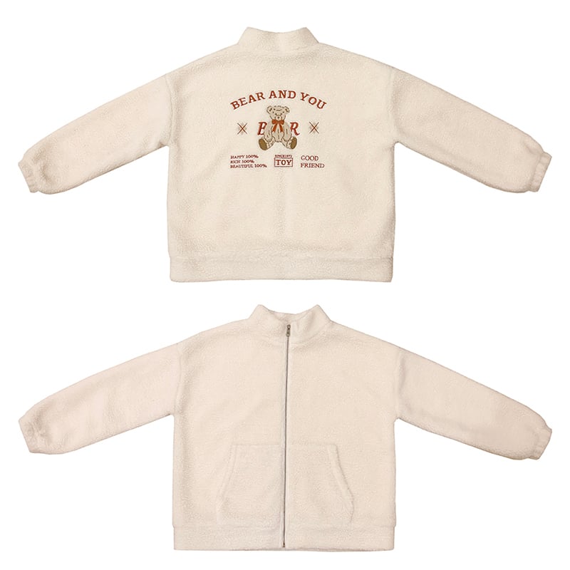 Fluffy Fleece Bear Embroidery Loose Zipper Jacket