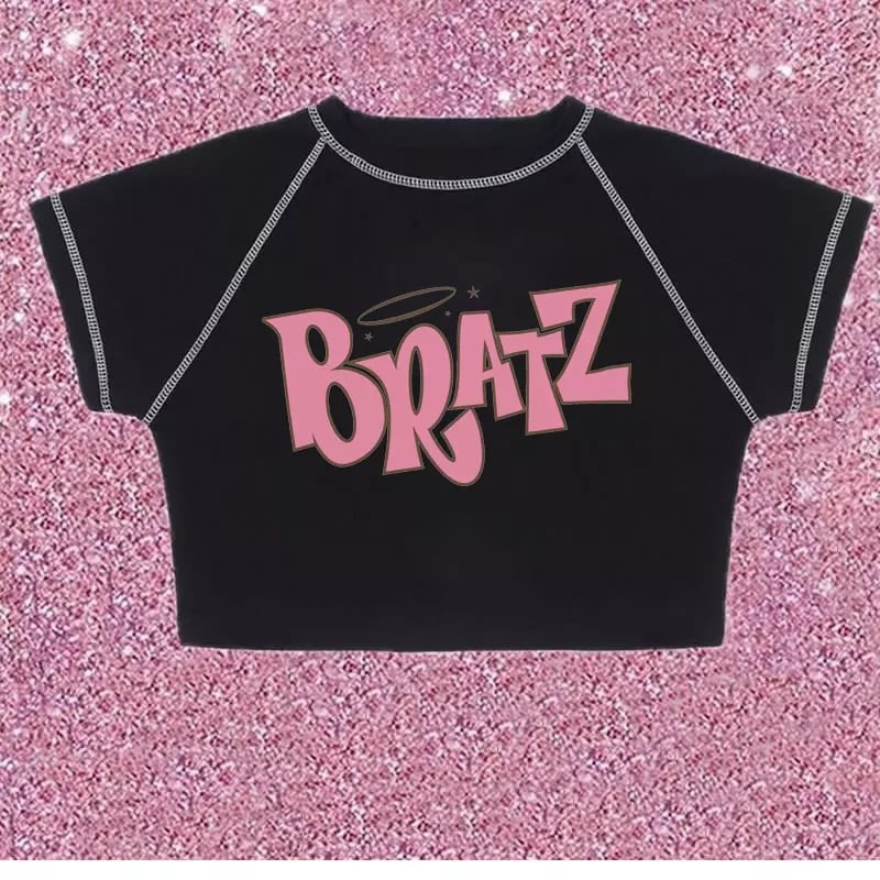 Cute Black Bratz Cartoon Vintage Sexy Crop Top Short Sleeve Shirt Tee T-shirt Summer Casual E-Girl Kawaii Korean Japanese Harajuku Streetwear