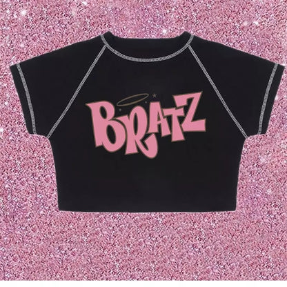 Cute Black Bratz Cartoon Vintage Sexy Crop Top Short Sleeve Shirt Tee T-shirt Summer Casual E-Girl Kawaii Korean Japanese Harajuku Streetwear