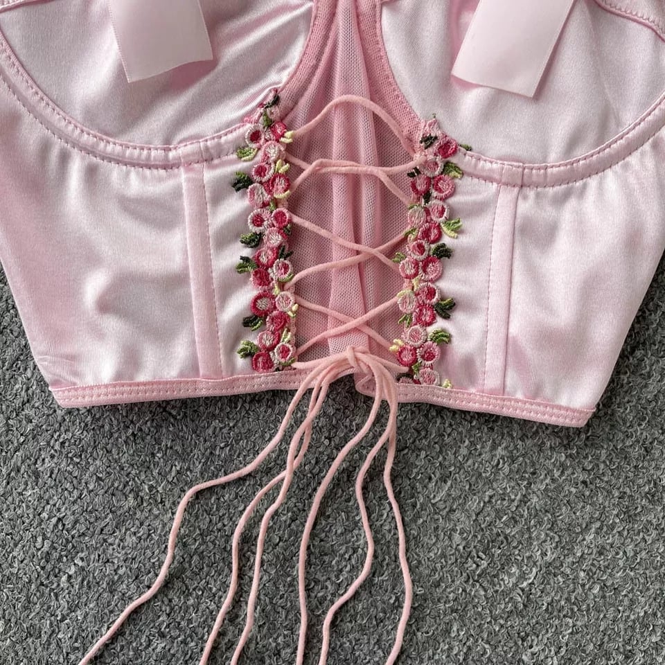 Pink Rose Lace Up Bustier Top