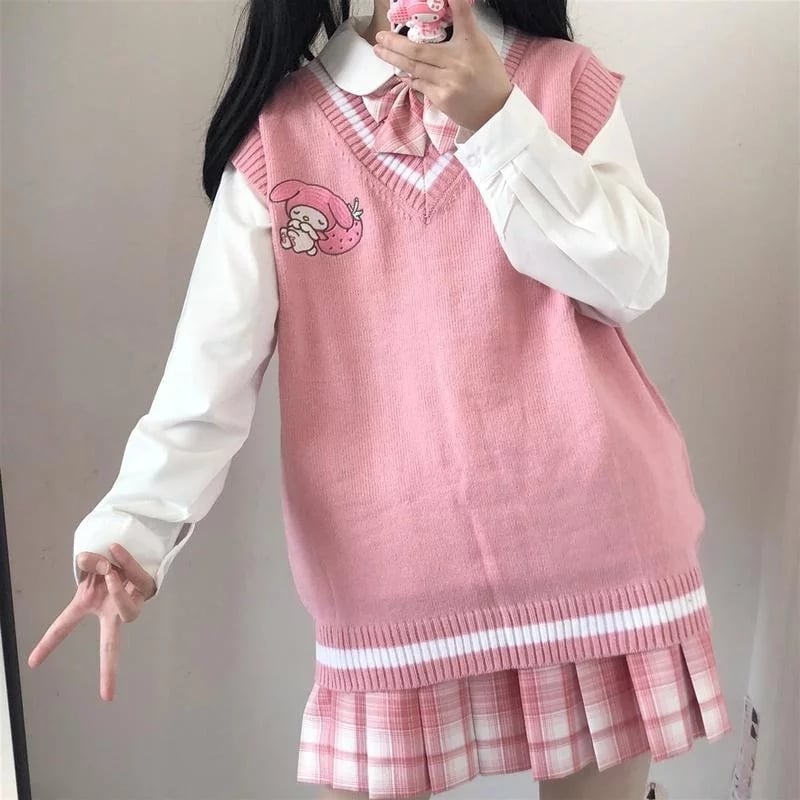 Cute Anime Cartoon Print Knit Vest Sweater Crop Top V Neck Sleeveless Shirt Aesthetic Casual Summer E-Girl Kawaii Korean Japanese Harajuku
