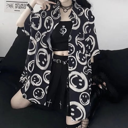 Black Smiley Happy Face Cartoon Print Button Down Oversize Short Sleeve Shirt Goth Aesthetic Casual Summer E-Girl Kawaii Korean Japanese Harajuku