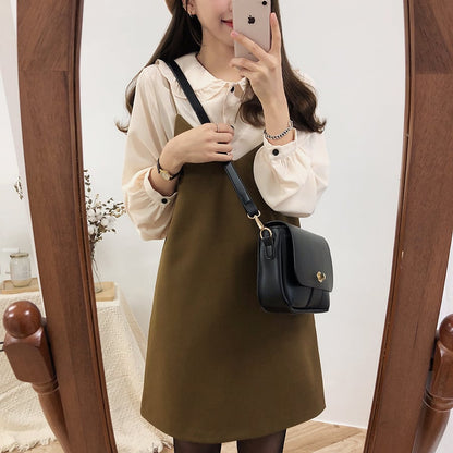 Cute 2pcs Summer Preppy White Ruffle Peterpam Collar Black Vintage V Dress E-Girl Kawaii Korean Japanese Harajuku Retro Streetwear