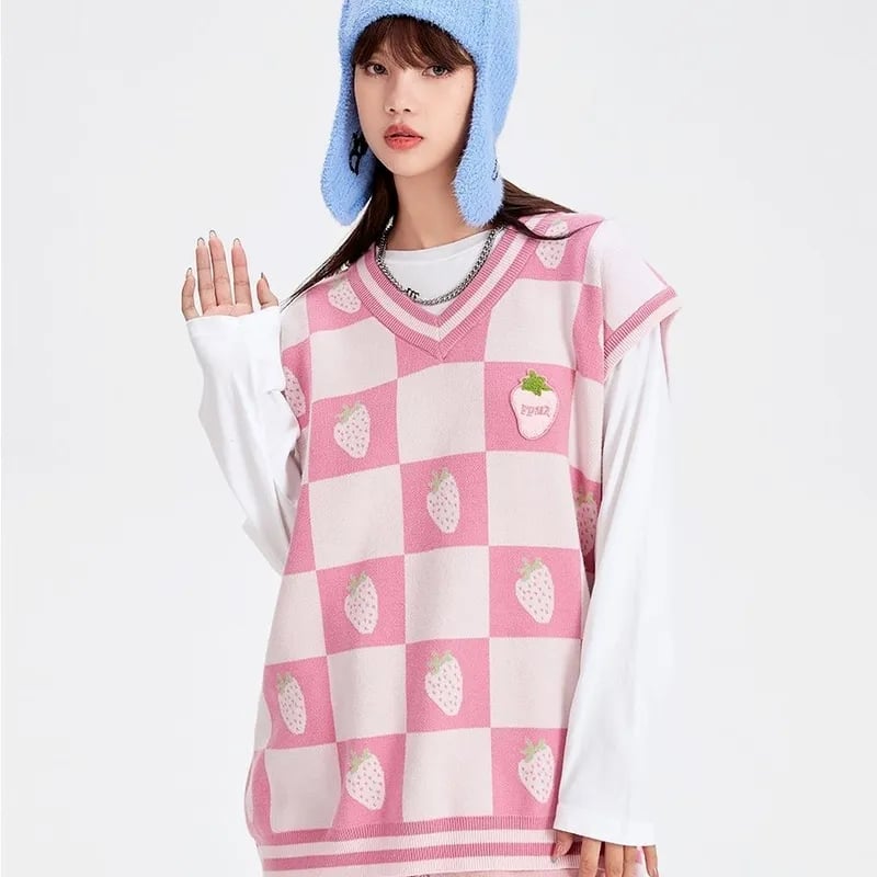 Pink Strawberry Plaid Sweater Vest