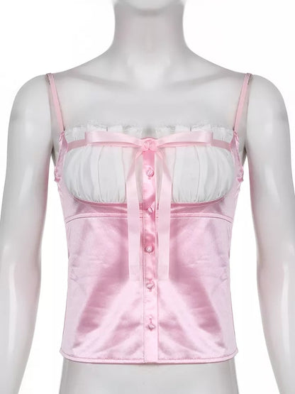 Sweet Elegant Bow Satin Crop Top Aesthetic Casual E-Girl Kawaii Korean Japanese Harajuku