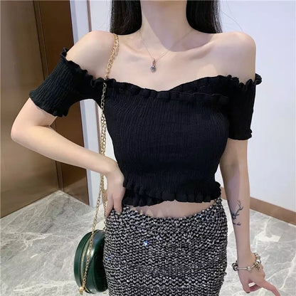 Cute Sexy Knit Crochet Off Shoulder Crop Top Shirt Tee T-shirt E-Girl Kawaii Korean Japanese Harajuku Retro Streetwear Aesthetic