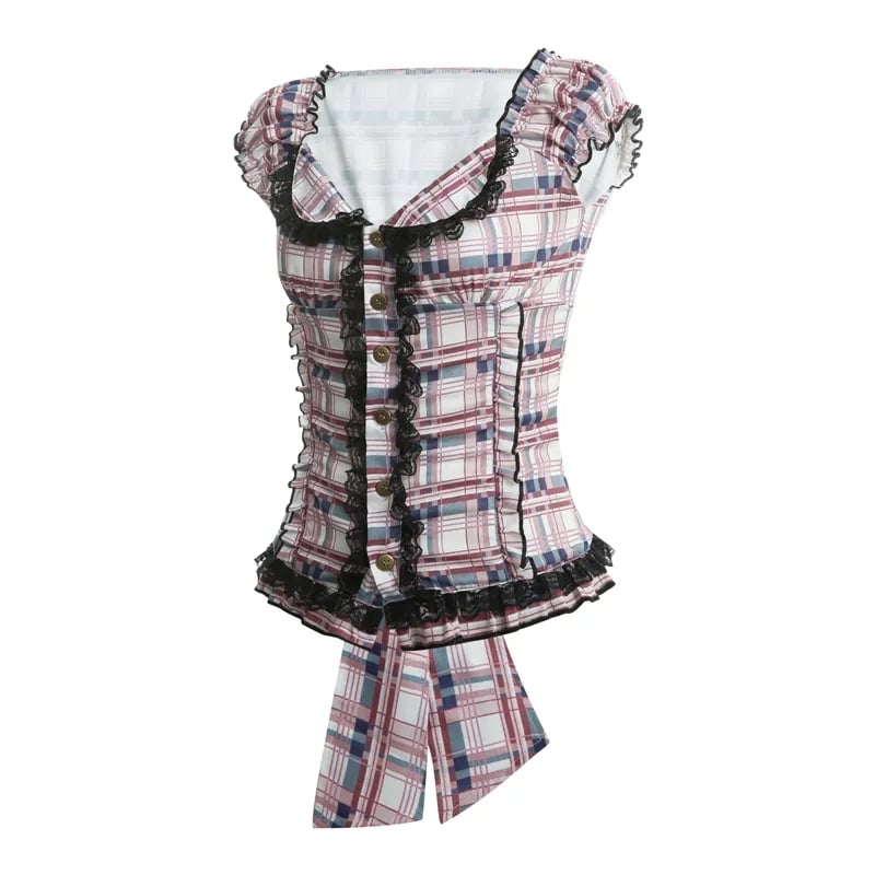 Plaid Ruffle Square V Neck Short Sleeve Top