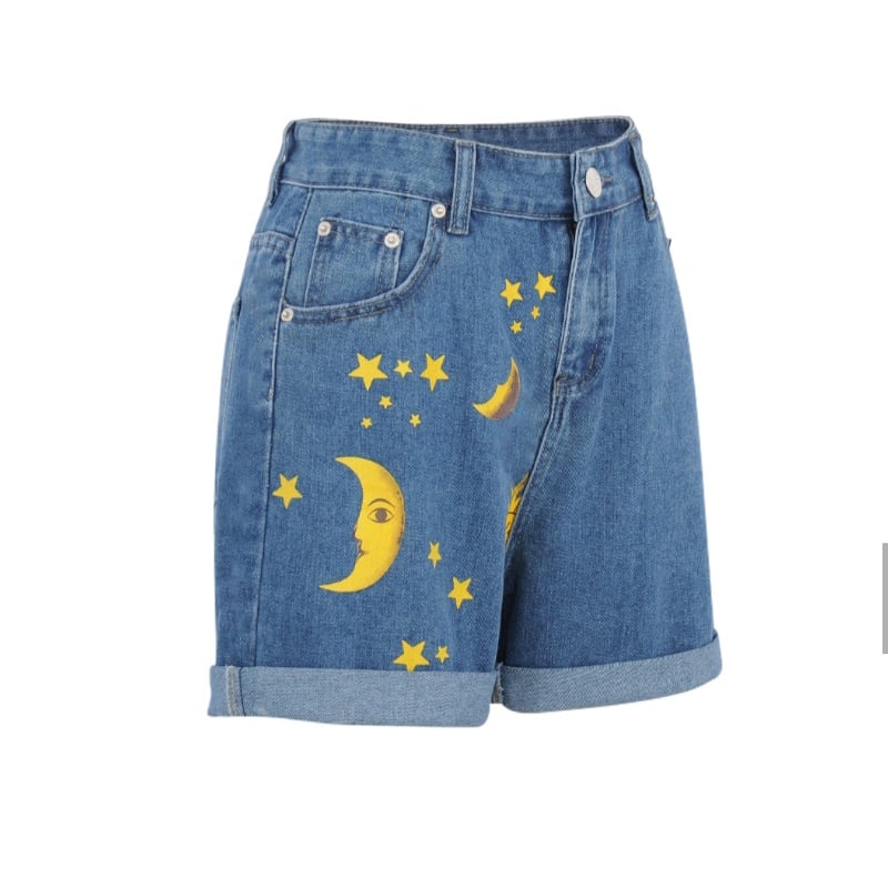 Moon Star Print Denim Shorts