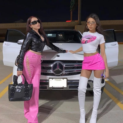 Cute 90s Vintage Hot Pink Car Print White Short Sleeve T-shirt Crop Top Aesthetic Casual E-Girl Kawaii Korean Japanese Harajuku