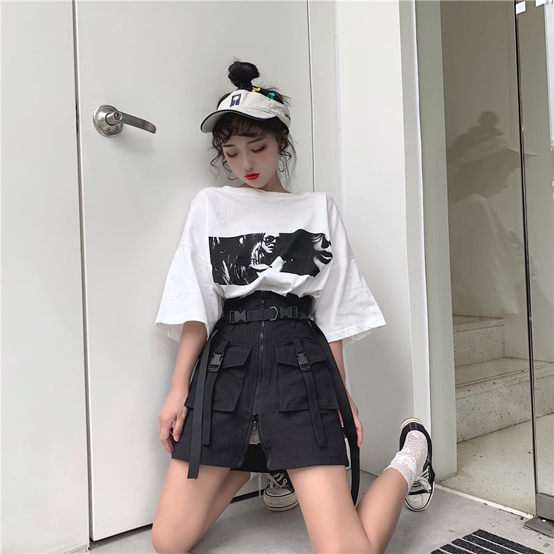 Cute Goth Punk High Waist Belt Skirt E-Girl Kawaii Korean Japanese Harajuku Chinese Retro Streetwear Aesthetic