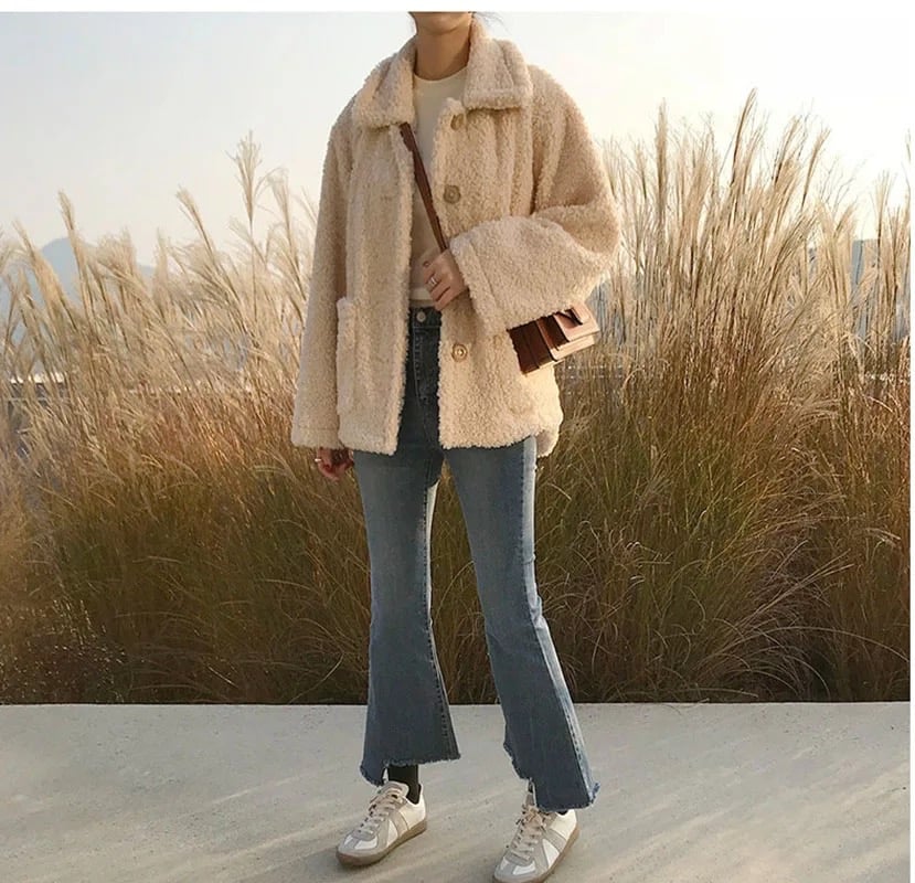 Cute Teddy Fur Coat Thick Autumn Loose Button Plush Jacket E-Girl Kawaii Korean Japanese Harajuku Retro Streetwear Fashion