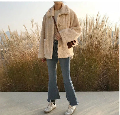 Cute Teddy Fur Coat Thick Autumn Loose Button Plush Jacket E-Girl Kawaii Korean Japanese Harajuku Retro Streetwear Fashion