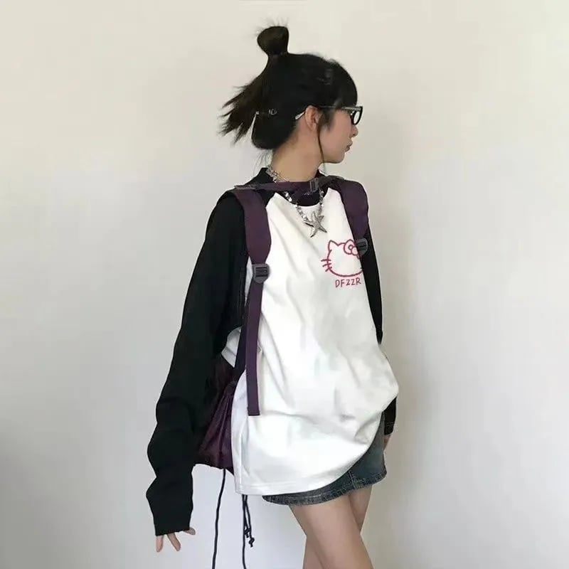 Kitty Cat Anime Cartoon Patchwork Long Sleeve T-shirt