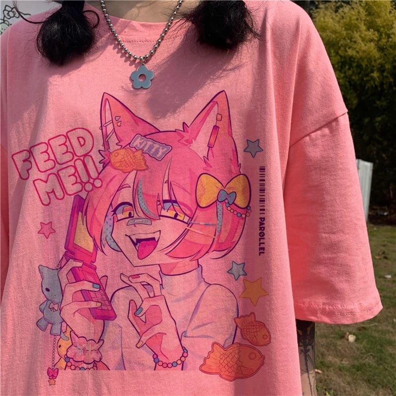 Cute Pastel Sweet Fox Anime Girl Cartoon Print Short Sleeve T-shirt Loose Punk Aesthetic Casual Summer E-Girl Kawaii Korean Japanese Harajuku