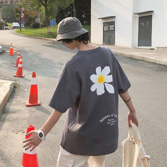 Cute Vintage Daisy Flower Cartoon Print Oversized Loose Short Sleeve Tee Shirt Top Summer Aesthetic E-Girl Kawaii Korean Japanese Harajuku Streetwear