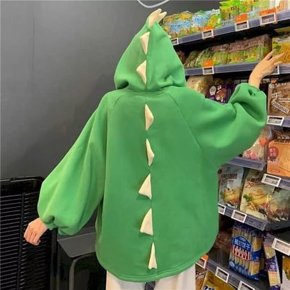 Cute 3D Dinosaur Cartoon Costume Loose Fleece Hoodie Jacket Sweatshirt Aesthetic Casual E-Girl Kawaii Korean Japanese Harajuku