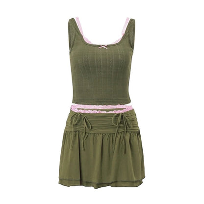 2PCS Green & Pink Lace Spaghetti Strap Top + Drawstring Skirt Set