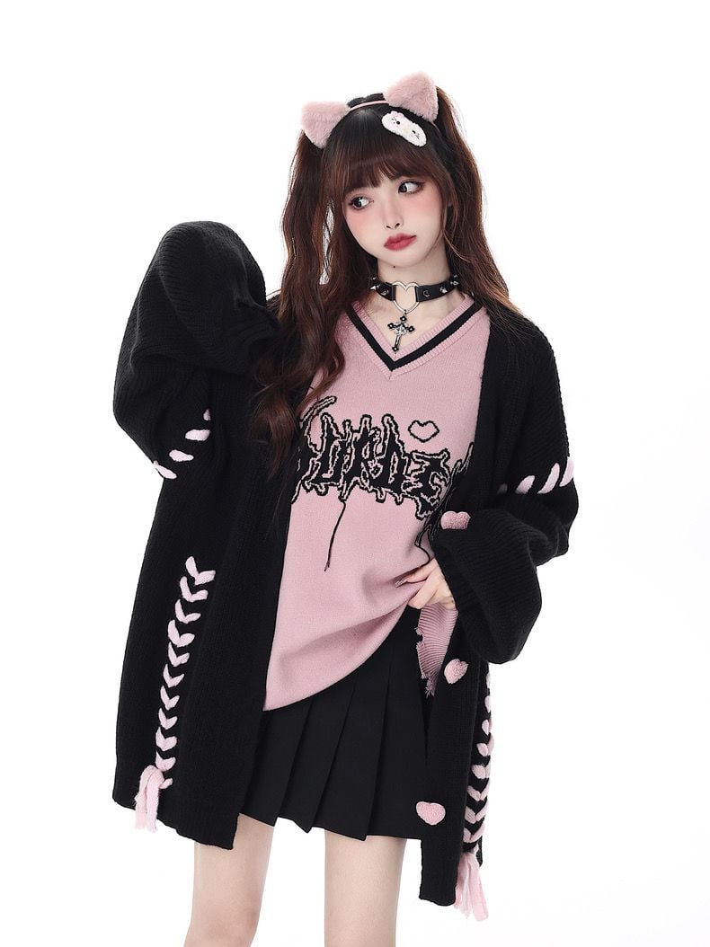 Preppy Heart Bandage V Neck Sweater