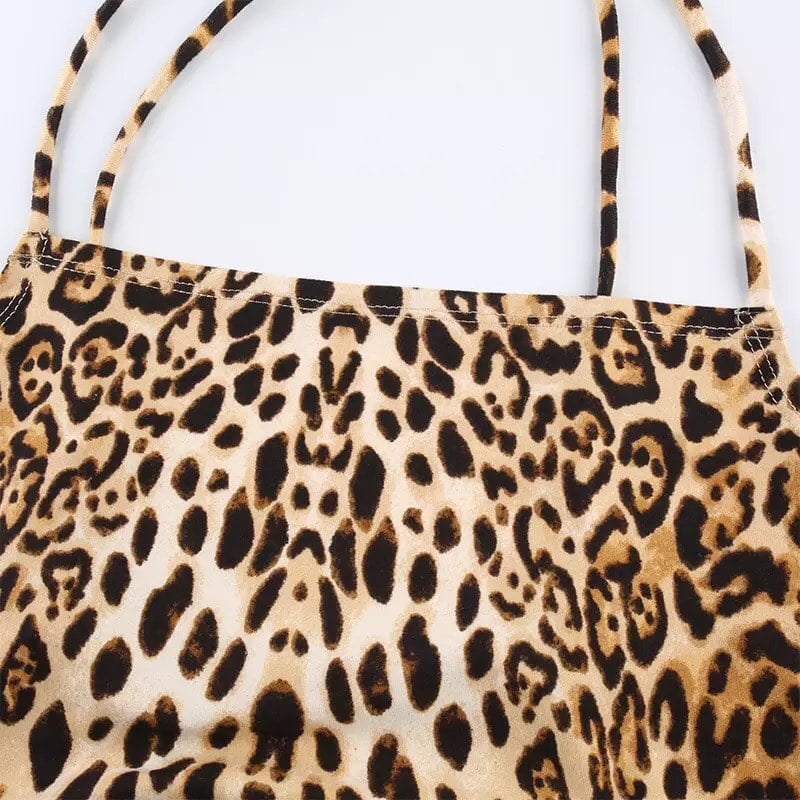 Sexy Leopard Backless Camisole Lace Up Spaghetti Strap Tank Crop Top Bandage Open Back Aesthetic E-Girl Kawaii Korean Japanese Harajuku Streetwear